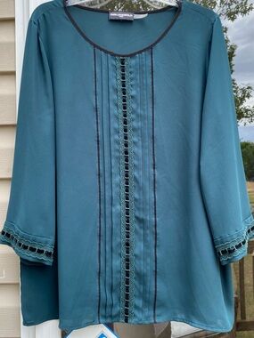 Karl Lagerfeld Teal Lace-Trim Pintuck Blouse